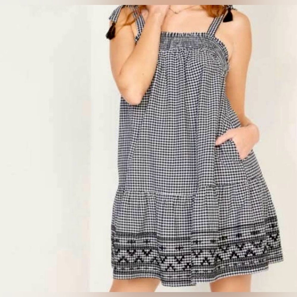 OLD NAVY Smocked Tiered Black White Gingham Plaid Mini Dress w Pockets & Tassels - Picture 2 of 13